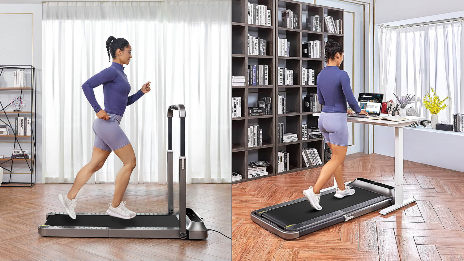 A girl is running on a folding treadmill.