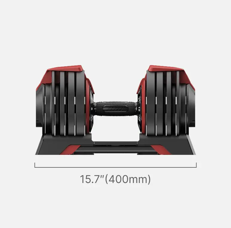 Side view of the 54 lb adjustable dumbbell showing its 15.7 inch length