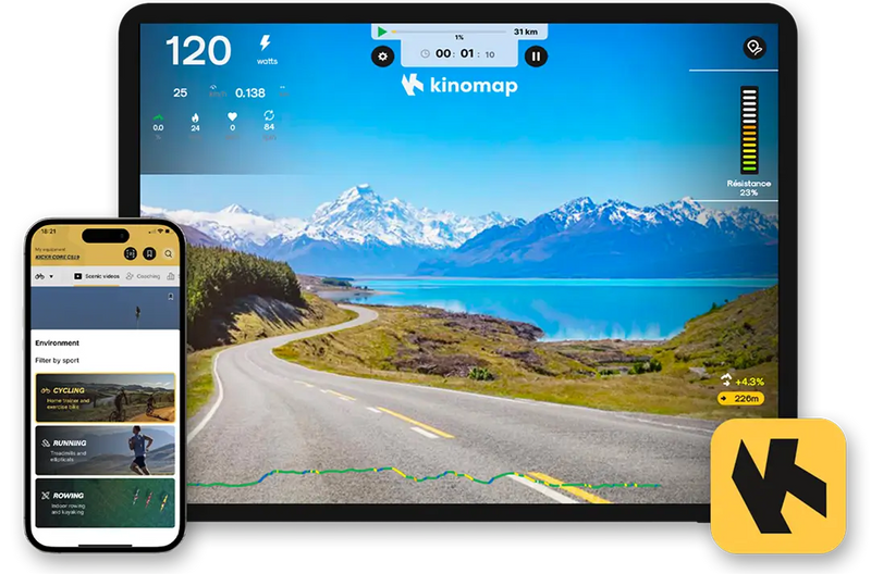 Kinomap app playing a real-world scenic road route on a tablet and phone
