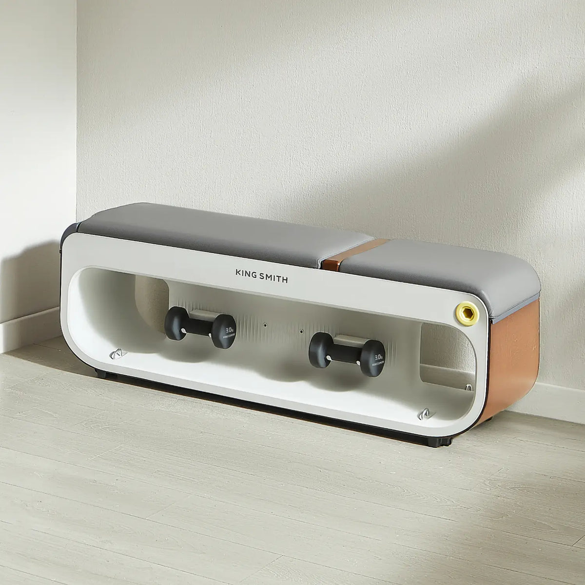 [scene]KingSmith B1 weight bench folded closed showing the built-in dumbbell storage rack